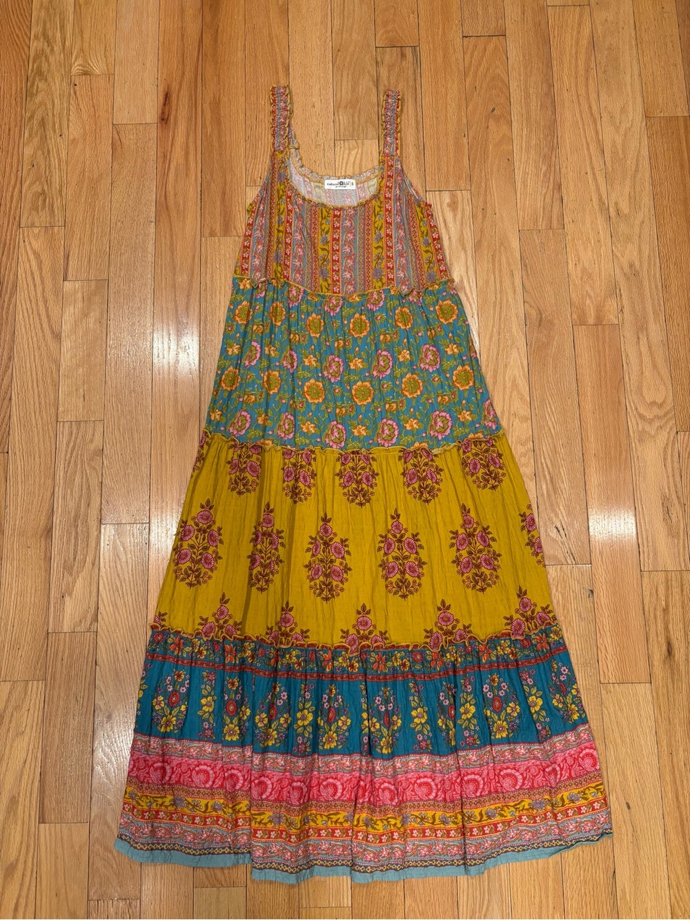 NATURAL LIFE Floral Patchwork Tiered Maxi Dress in Mustard, Teal & Pink